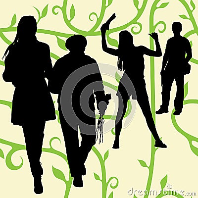 Silhouettes of people of different ages and gender on the background of a seamless pattern with green stems, leaves. Grandmother a Vector Illustration